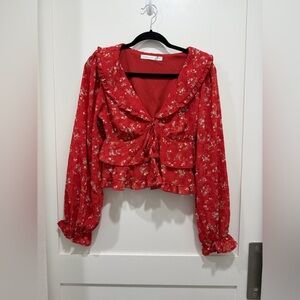 Altar’d State Red Floral Ruffle Crop Blouse M NWT